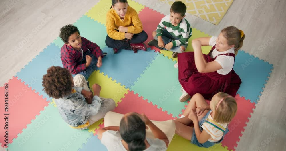 Poster kindergarten, kids and hands with game in circle for child development, growth or activity. high ang
