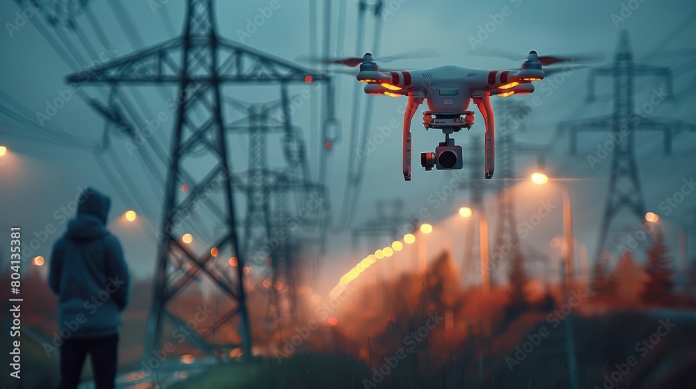 Poster Technician are launching drones to inspect the power station for a planned work, Drone inspecting electricity generated towers. Generative AI.
