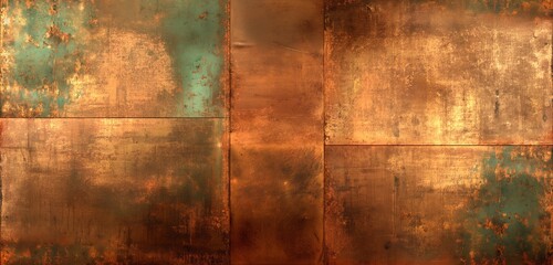 A metallic, copper wall background, its surface lightly patinated to reveal verdigris accents.