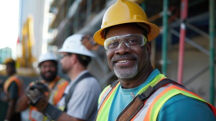 Construction workers at construction site wearing safety gear and harhat with one handsome middle aged african american man wearing safety gear smiling at camera