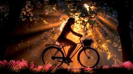Rear view of a beautiful woman riding a classic bicycle in a summer dress with a feeling of pleasure. Bright colors.