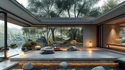 Chinese interior with recessed lighting, Floor-to-ceiling Windows, modern home decor. Generative AI. - obrazy, fototapety, plakaty