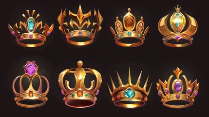 Isolated golden crowns on black background. Modern cartoon illustration of royal symbol, gold metal jewelry with gem stone decoration, medieval treasure design, king or queen accessory, and game