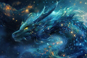 A spectral dragon, its scales shimmering with otherworldly light, soars through the night sky, tracing patterns amongst the stars that mirror the constellations of the zodiac