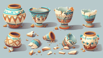 Ancient ceramic and terracotta handcrafted tableware with broken and cracked patterns decorated with traditional greek patterns. Cartoon modern illustration set. - obrazy, fototapety, plakaty
