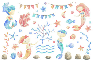 Mermaids is a little girls and boys with fish, seashell, corals, algae, starfish. Watercolor illustration hand drawn pastel colors coral and blue. Large set of elements isolated from background