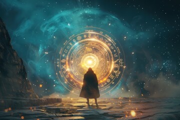 A swirling vortex of cosmic energy forms a bridge between worlds, its center adorned with the symbols of the zodiac, beckoning the adventurous soul.