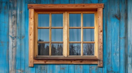 Close-Up of a Sunlit Window in Fresh Wooden Framing on a Striking Blue House