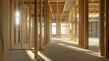 Bright Sunlight Illuminates New Wooden Home Frame In Construction