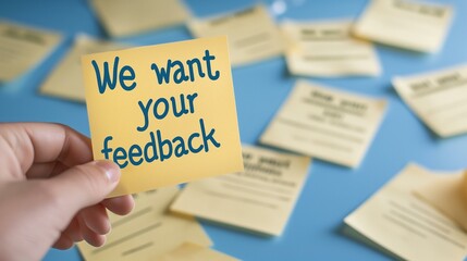 Hand Holding Yellow Sticky Note Requesting Feedback on Blue Background