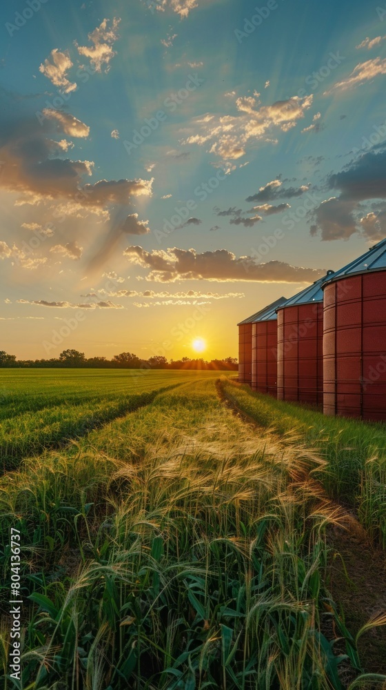 Poster a field of crops with a sunset in the background