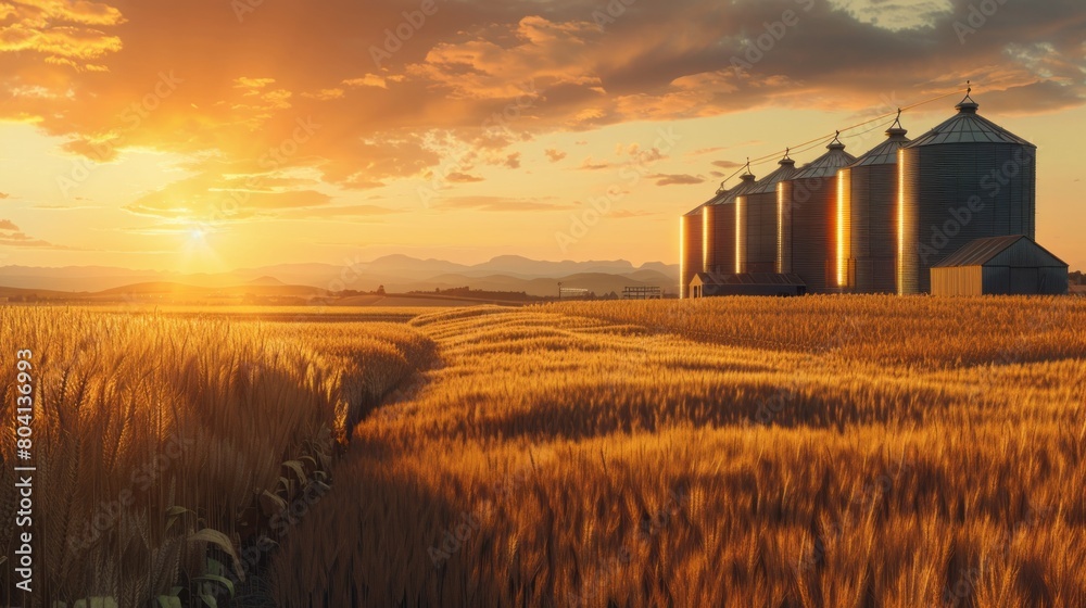 Aufkleber a field of golden wheat with a sun setting in the background