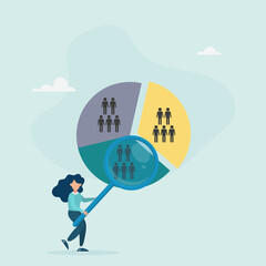 Businesswoman analyzing pie chart of customer segments. Customer analysis for marketing or advertising concept. Target audience, consumers or user group.
