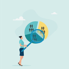Businesswoman analyzing pie chart of customer segments. Customer analysis for marketing or advertising concept. Target audience, consumers or user group.
