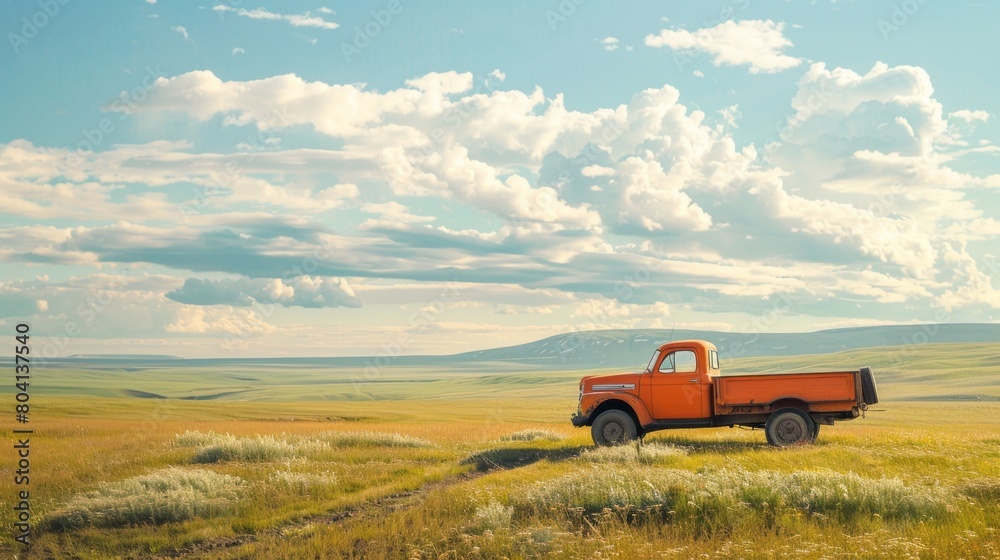 Poster an orange truck is parked in a field with a cloudy sky in the background