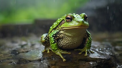Obraz premium Green frog on rock in rain