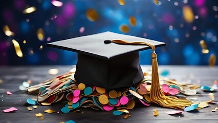 Graduation cap with confetti background