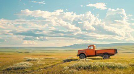 Fototapeta premium An orange truck is parked in a field with a cloudy sky in the background