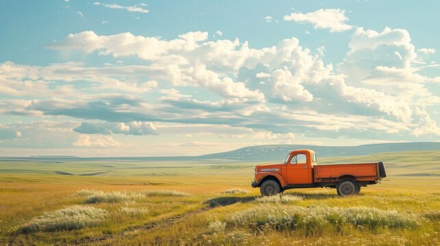 An orange truck is parked in a field with a cloudy sky in the background - Powered by Adobe