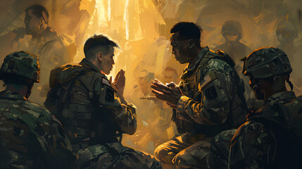An illustration of a military chaplain praying with soldiers.


