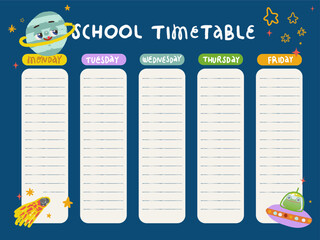 School timetable template with images of flying saucer stars and comet. Vector illustration