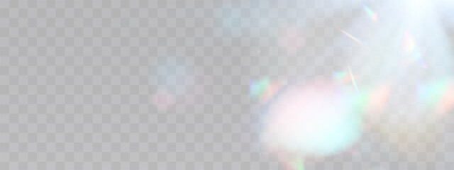 Light lens prism effect on transparent background. Holographic reflection, crystal flare leak shadow overlay. Blurred rainbow refraction overlay effect. Vector abstract illustration.  