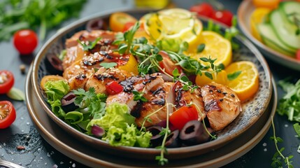 Juicy Grilled Chicken and Fresh Garden Salad on Rustic Table. Generative ai