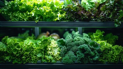 Fresh Organic Lettuce and Kale Displayed in Grocery Store Shelf. Generative ai