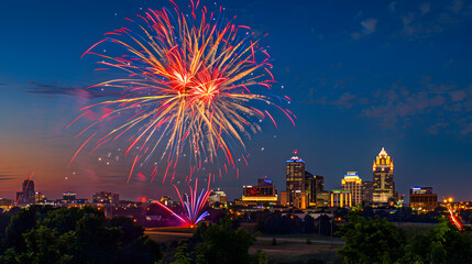 A Fourth of July fireworks display with a city skyline in the background.


