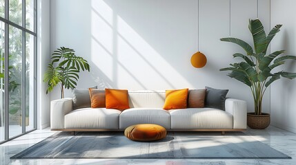 Interior design in living room, white wall, minimalist furnitures, colorful props. Generative AI.