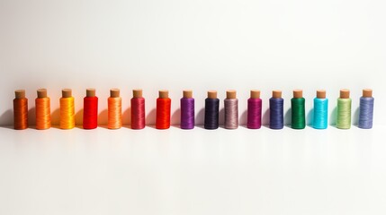 Artistic shot of thread spools arranged in a rainbow formation, casting colorful shadows, set against a simple, white backdrop to emphasize color and creativity.