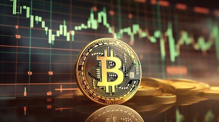 Bitcoin displayed on a digital screen, with overlapping, blurred stock market graphs in the background, symbolizing the cryptocurrency's influence on global finance.