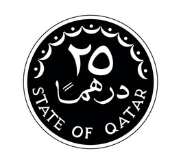 25 dirhams coin of Qatar. Coin side isolated on white background. The coin is depicted in black and white. Vector illustration.