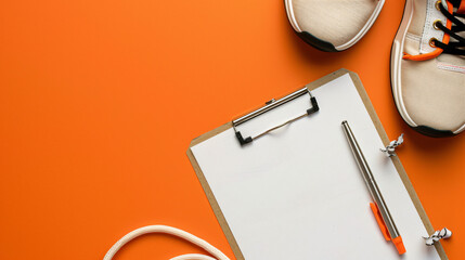 Clipboard with pen skipping rope and sneakers on orang