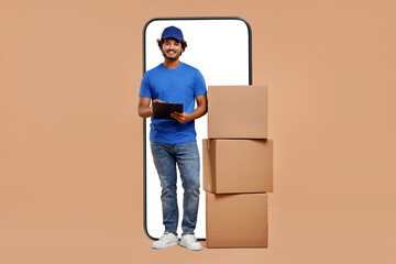 Courier with stack of parcels and clipboard near huge smartphone on dark beige background. Delivery...