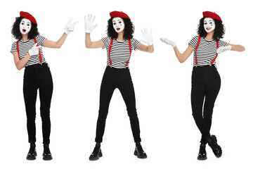 Funny mime posing on white background, set of photos