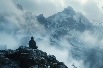 Serene mountain landscape, where a lone figure meditates at the summit, surrounded by mist. 