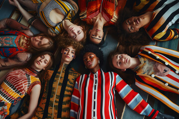 Colorful Retro-Inspired Fashion Portrait of Young Adults on Green Background