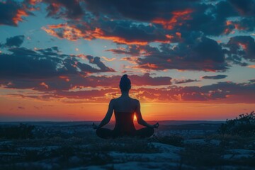 Serene silhouette of a person meditating against a colorful sunset sky