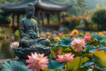 Peaceful meditation spot beside a tranquil lotus pond, with colorful blooms and serene water.