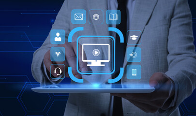 Webinar. Man using tablet on dark blue background, closeup. Virtual screen with icons over device