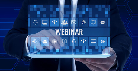Webinar, banner design. Man using tablet on dark blue background, closeup. Virtual screen with icons over device