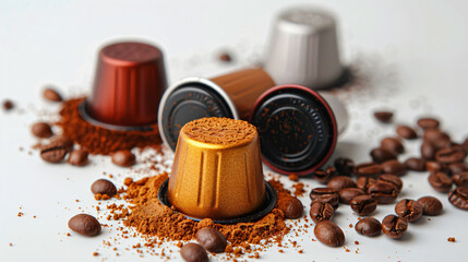 Coffee capsules with powder on white background