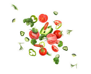 Different fresh vegetables in air on white background