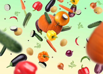 Different fresh vegetables in air on green gradient background