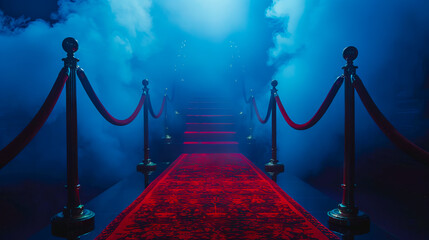 A red carpet leading into a dark room with smoke.