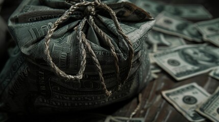 Rope-tied bag wrapped in dollar bills
