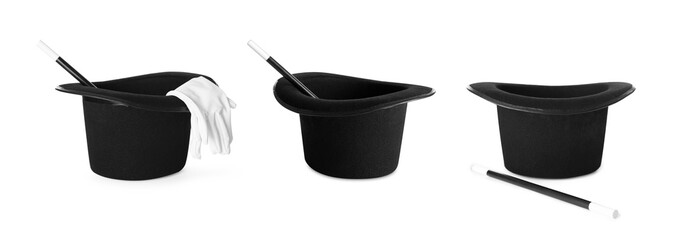 Black magician hats and wands isolated on white, set