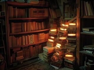 Obraz premium A room with a lot of books stacked on top of each other