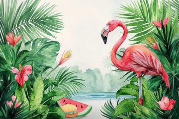 Illustration of pink flamingo among palms and tropical flowers. Summer vibes concept. 